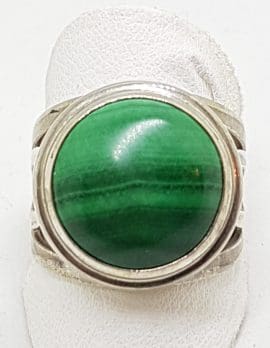 Sterling Silver Round Large Malachite Ornate Design on Side ofRing