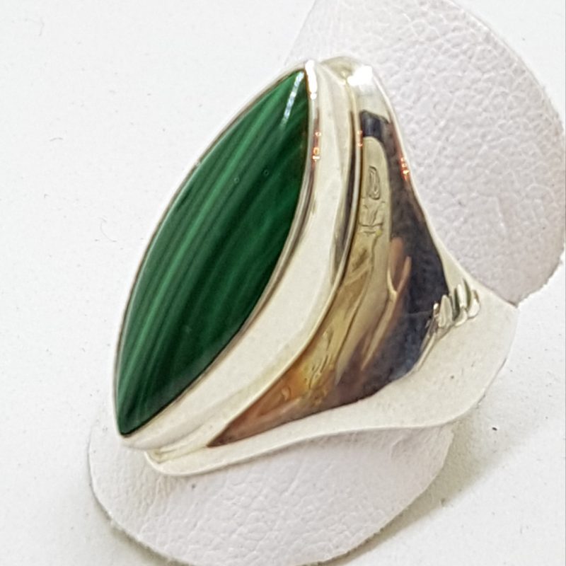 Sterling Silver Large Marquis Shape Malachite Bezel Set Wide Ring