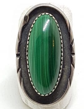 Sterling Silver Large Oval Malachite Ornate Ring