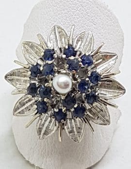 Sterling Silver Pearl and Sapphire Cluster Ring