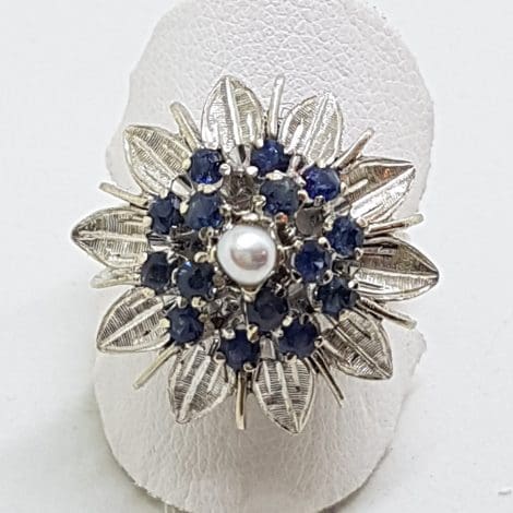 Sterling Silver Pearl and Sapphire Cluster Ring
