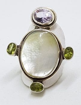 Sterling Silver Large Mother of Pearl with Amethyst and Peridot Ring