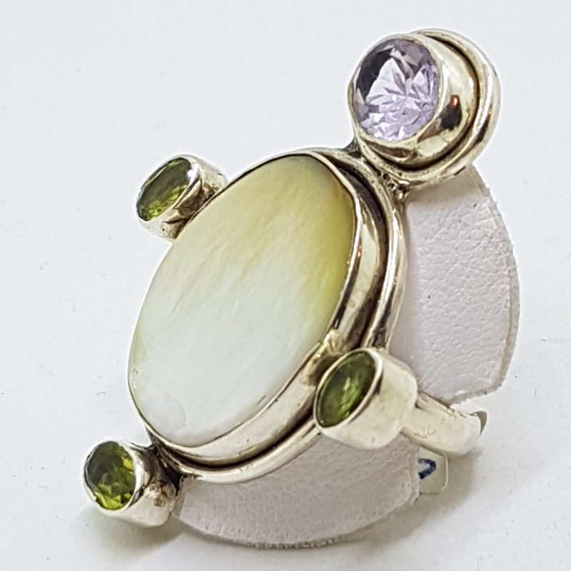 20200510_181216 Sterling Silver Large Mother of Pearl with Amethyst and Peridot Ring