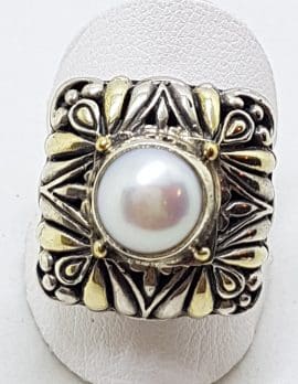 Sterling Silver & Gold Plated Pearl Ornate Square Ring