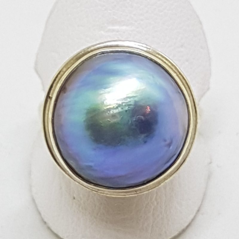 Sterling Silver Blue/Grey Mabe Pearl Ring - Patterned Rim