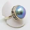 Sterling Silver Blue/Grey Mabe Pearl Ring - Patterned Rim