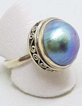 Sterling Silver Blue/Grey Mabe Pearl Ring - Patterned Rim