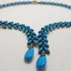 Stunning Sterling Silver Large and Long Reconstituted Turquoise and Marcasite Collier Drop Necklace / Chain
