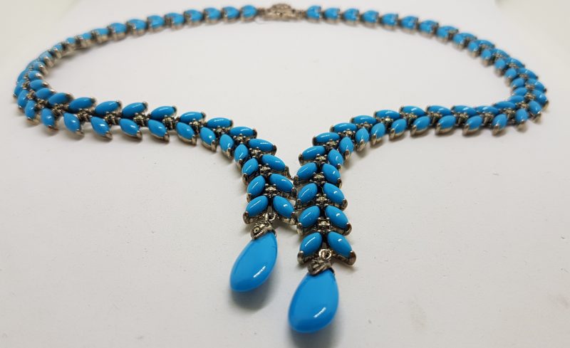 Stunning Sterling Silver Large and Long Reconstituted Turquoise and Marcasite Collier Drop Necklace / Chain