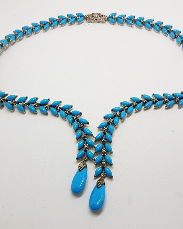 Stunning Sterling Silver Large and Long Reconstituted Turquoise and Marcasite Collier Drop Necklace / Chain