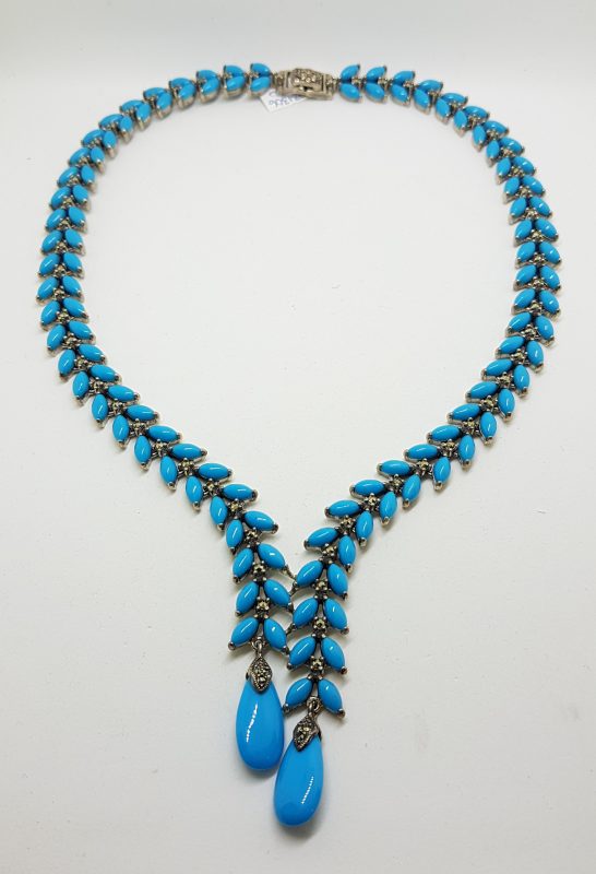 Stunning Sterling Silver Large and Long Reconstituted Turquoise and Marcasite Collier Drop Necklace / Chain