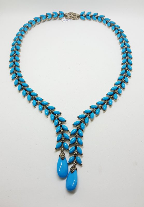 Stunning Sterling Silver Large and Long Reconstituted Turquoise and Marcasite Collier Drop Necklace / Chain