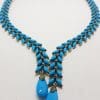 Stunning Sterling Silver Large and Long Reconstituted Turquoise and Marcasite Collier Drop Necklace / Chain