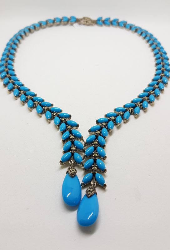Stunning Sterling Silver Large and Long Reconstituted Turquoise and Marcasite Collier Drop Necklace / Chain
