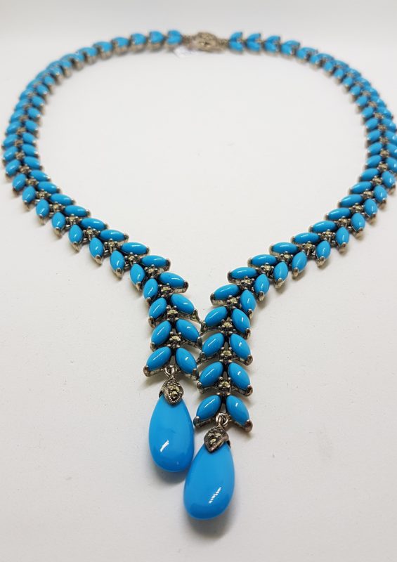 Stunning Sterling Silver Large and Long Reconstituted Turquoise and Marcasite Collier Drop Necklace / Chain
