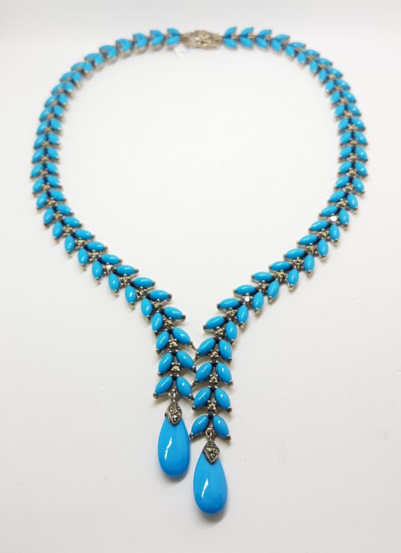 Stunning Sterling Silver Large and Long Reconstituted Turquoise and Marcasite Collier Drop Necklace / Chain