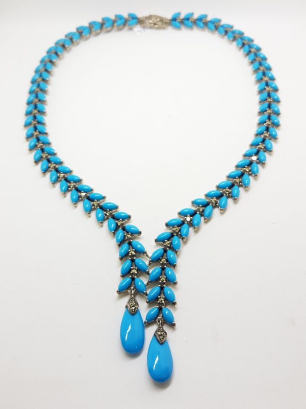 Stunning Sterling Silver Large and Long Reconstituted Turquoise and Marcasite Collier Drop Necklace / Chain