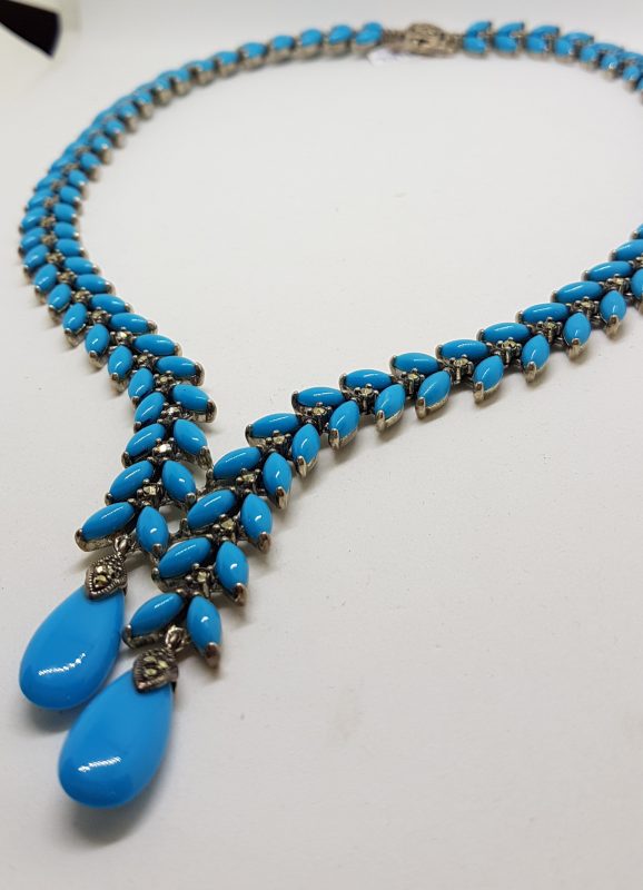 Stunning Sterling Silver Large and Long Reconstituted Turquoise and Marcasite Collier Drop Necklace / Chain