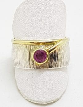 Sterling Silver & Gold Plated Pink Tourmaline Wide Band Ring