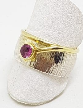 Sterling Silver & Gold Plated Pink Tourmaline Wide Band Ring