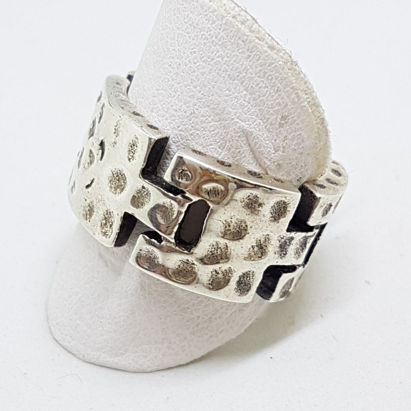 Sterling Silver Heavy Wide Beaten Pattern Band Ring