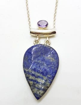 Sterling Silver Large Lapis Lazuli & Amethyst Pendant on Silver Chain