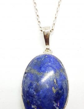 Sterling Silver Large Oval Lapis Lazuli Pendant on Silver Chain