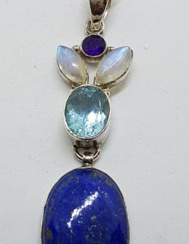 Sterling Silver Very Long Lapis Lazuli, Topaz, Moonstone and Iolite Pendant on Silver Chain