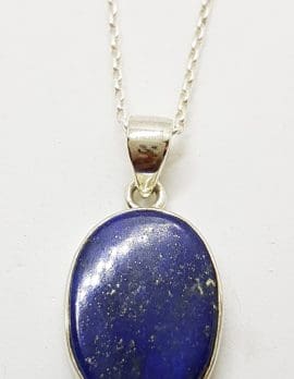 Sterling Silver Flat Oval Lapis Lazuli Pendant on Silver Chain