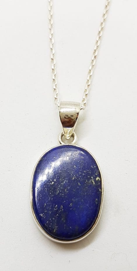 Sterling Silver Flat Oval Lapis Lazuli Pendant on Silver Chain