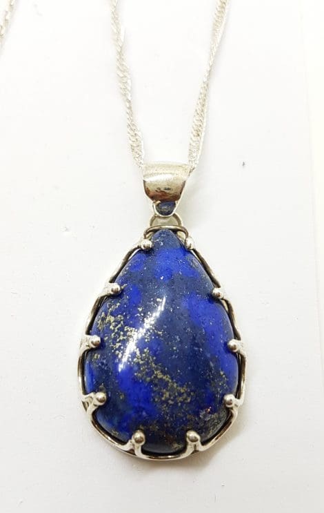 Sterling Silver Large Teardrop Claw Set Lapis Lazuli Pendant on Silver Chain