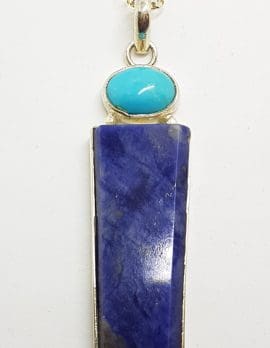 Sterling Silver Very Long Lapis Lazuli & Turquoise Pendant on Silver Chain