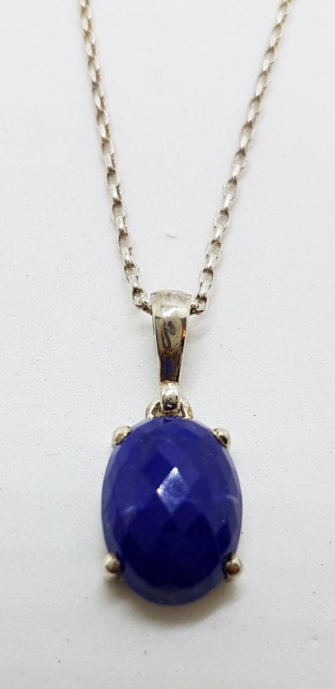 Sterling Silver Faceted Oval Claw Set Lapis Lazuli Pendant on Silver Chain