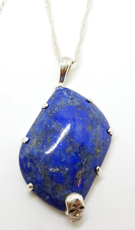 Sterling Silver Large Claw Set Lapis Lazuli with Skull Pendant on Silver Chain