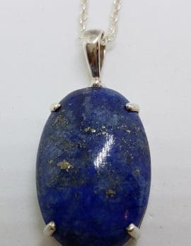 Sterling Silver Large Oval Claw Set Lapis Lazuli Pendant on Silver Chain