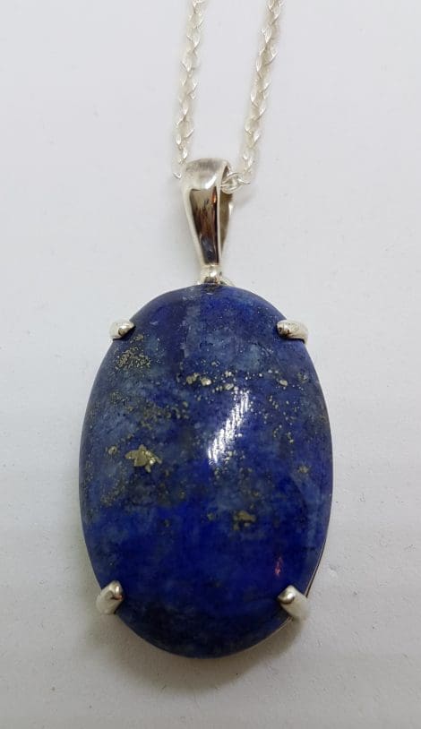 Sterling Silver Large Oval Claw Set Lapis Lazuli Pendant on Silver Chain