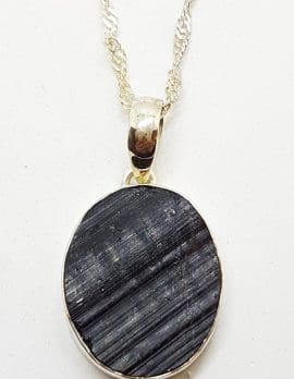 Sterling Silver Large Black Tourmaline Oval Pendant on Silver Chain