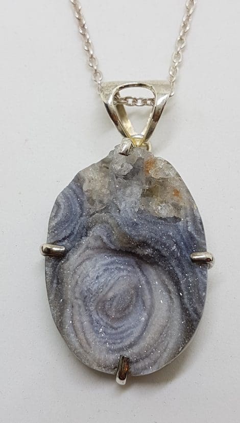 Sterling Silver Large Oval Druzy Agate Pendant on Silver Chain