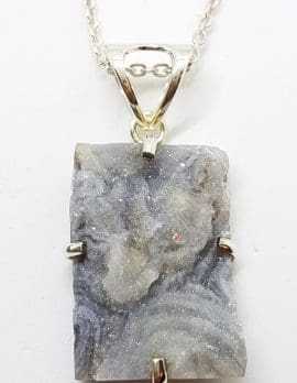 Sterling Silver Large Rectangular Druzy Agate Pendant on Silver Chain