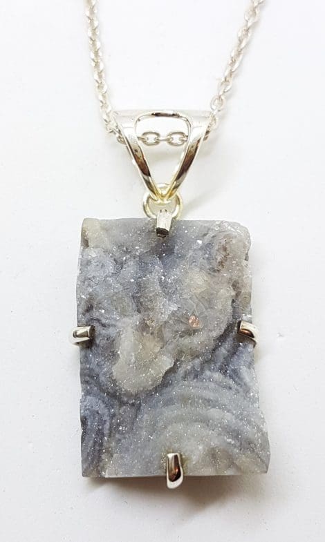 Sterling Silver Large Rectangular Druzy Agate Pendant on Silver Chain
