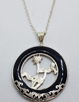 Sterling Silver Onyx Ornate Round Pendant on Silver Chain