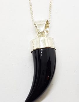 Sterling Silver Onyx Tooth Shape Pendant on Silver Chain