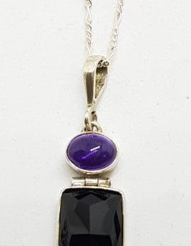 Sterling Silver Onyx and Amethyst Pendant on Silver Chain