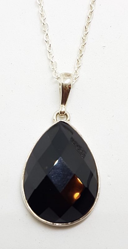 Sterling Silver Teardrop Shape Onyx Pendant on Silver Chain - Available in Three Sizes