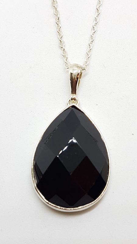 Sterling Silver Teardrop Shape Onyx Pendant on Silver Chain - Available in Three Sizes