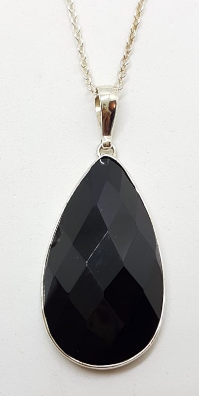 Sterling Silver Teardrop Shape Onyx Pendant on Silver Chain - Available in Three Sizes