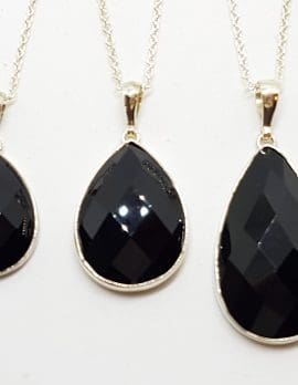 Sterling Silver Teardrop Shape Onyx Pendant on Silver Chain - Available in Three Sizes