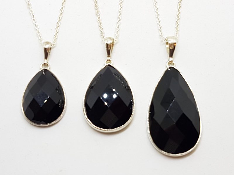 Sterling Silver Teardrop Shape Onyx Pendant on Silver Chain - Available in Three Sizes