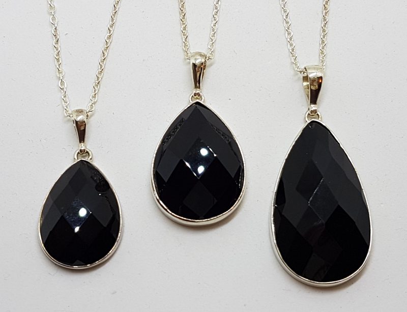 Sterling Silver Teardrop Shape Onyx Pendant on Silver Chain - Available in Three Sizes