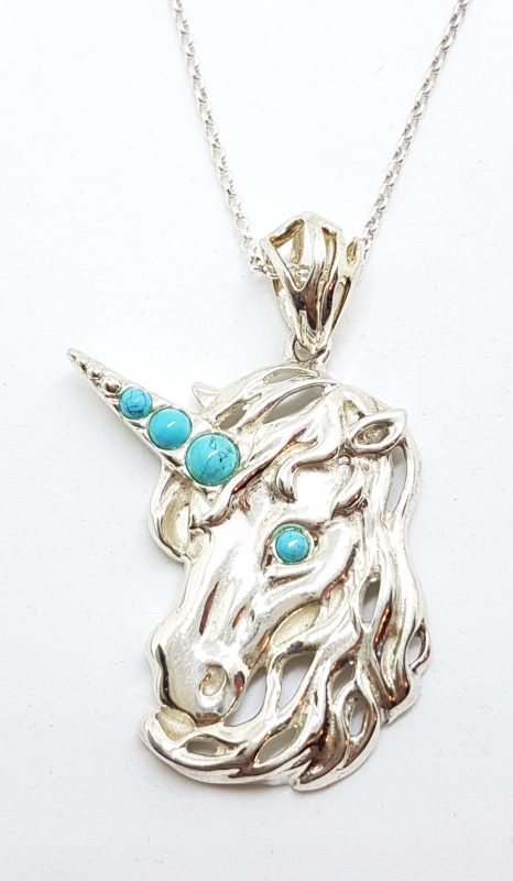 Sterling Silver Turquoise Unicorn Large Pendant on Silver Chain